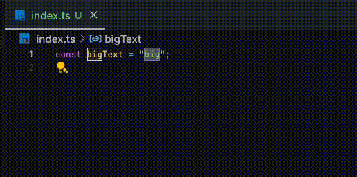 Code Action Providerの実行結果。文字列を選択した状態で該当のコードアクションを実行し、大文字に変換されている