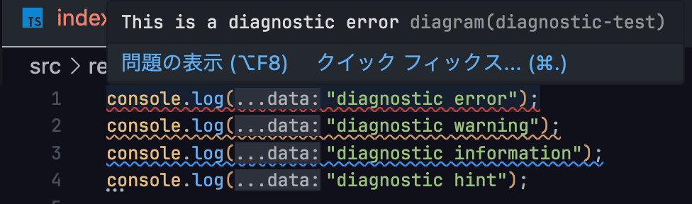 Create Diagnostic Collectionのテスト実装の結果。1行目は赤ラインでマーカーが引れている。2行目はオレンジ色ラインでマーカーが引かれている。3行目は青色ラインでマーカーが引かれている。4行目は先頭に白色の点線でマーカーが引かれている。
