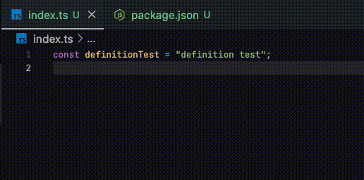 Definition Providerの実行結果。右クリックから定義へ移動するを選択するとpackage.jsonへ移動する