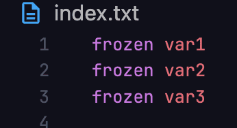 Document Semantic Tokens Providerの実行結果。frozenというキーワードとその後に続く変数名が色分けされて表示されている。