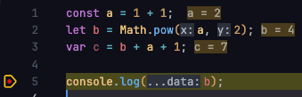 Inline Values Providerの実行結果。const, let, var から始まる変数宣言時に変数名が表示されている。